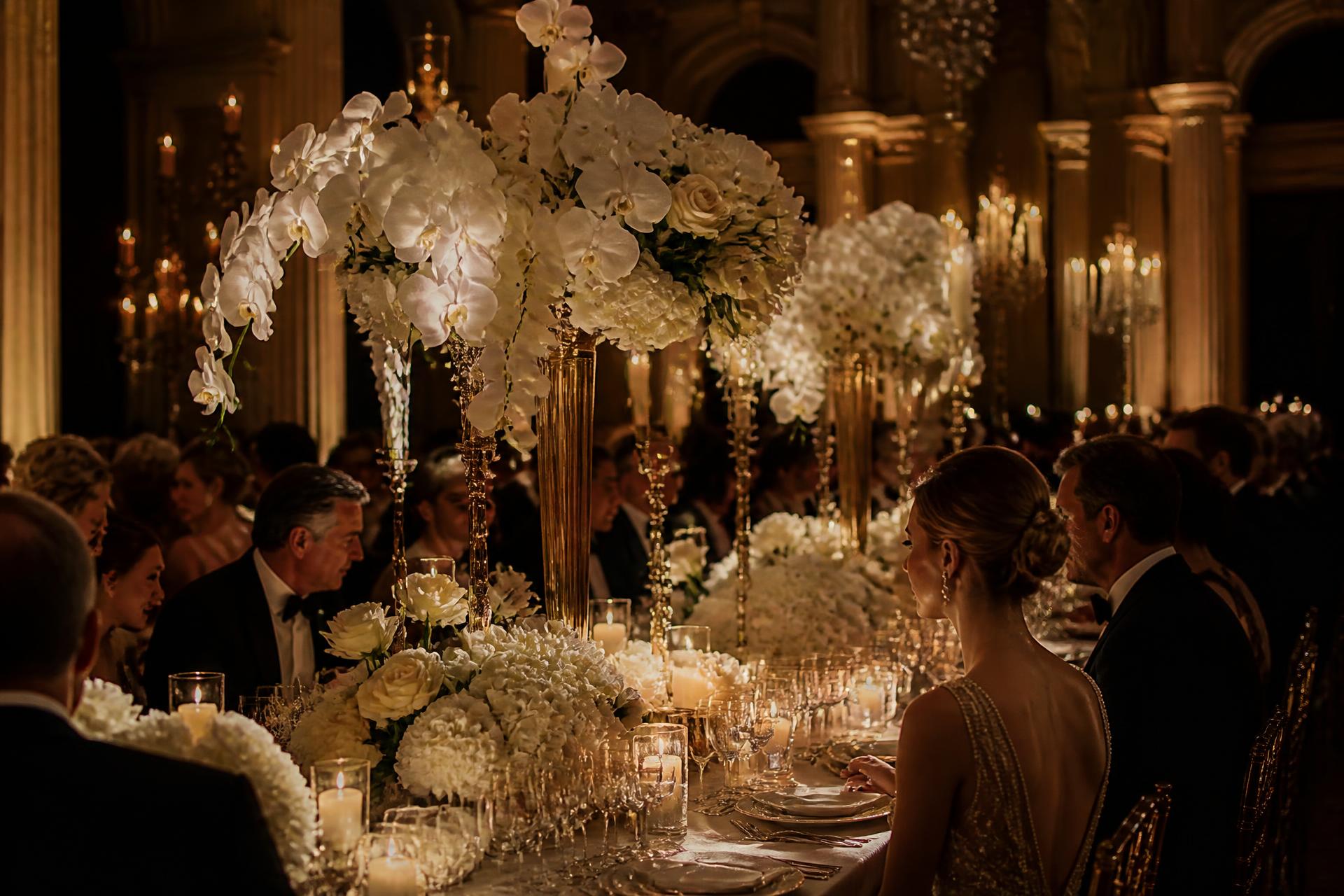 Candlelit gala banquet table styled with white orchids and gold candelabras